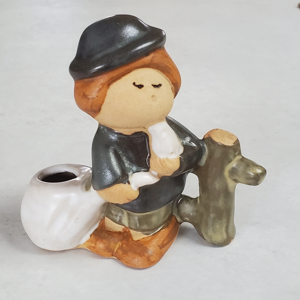 Vintage UCTCI Japan Stoneware Figurine Boy With Birds Bud Vase MCM Mid Century